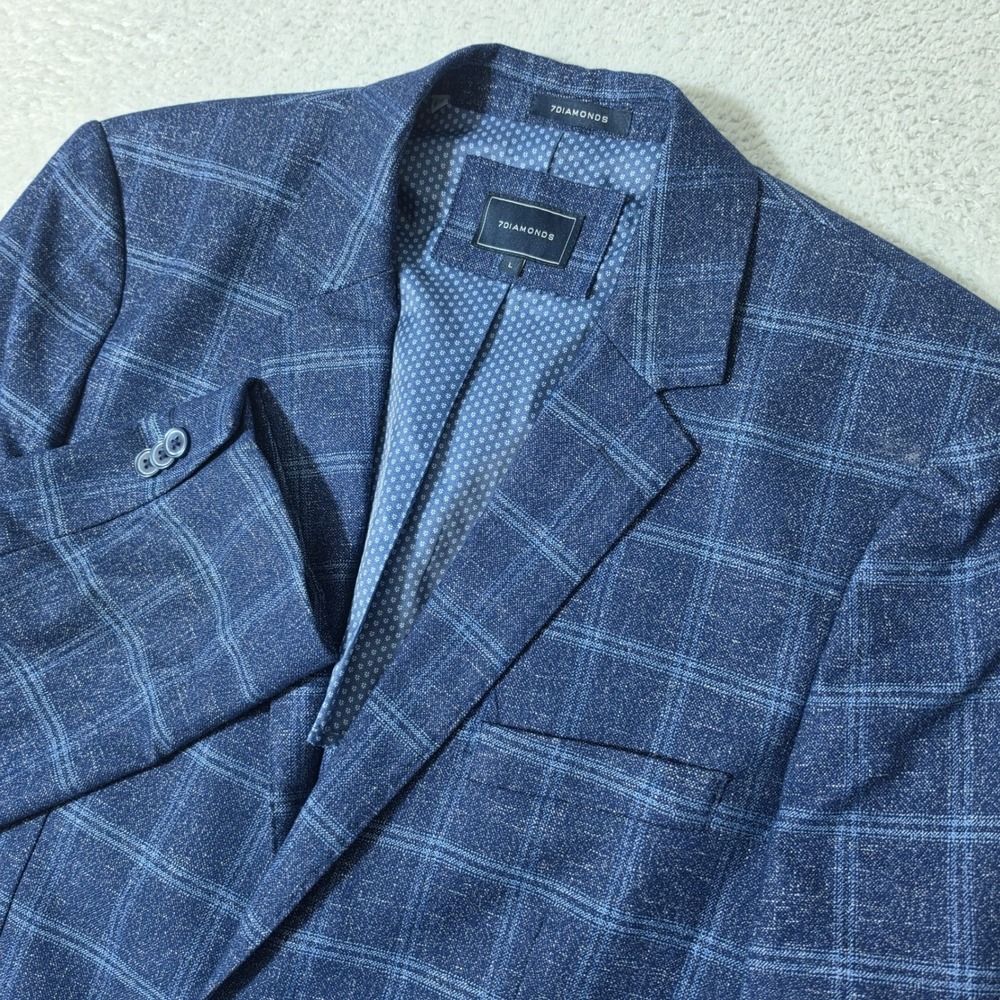 NEW 7Diamonds Blazer Mens L Blue Windowpane Plaid Dunes Stretch Sport Coat